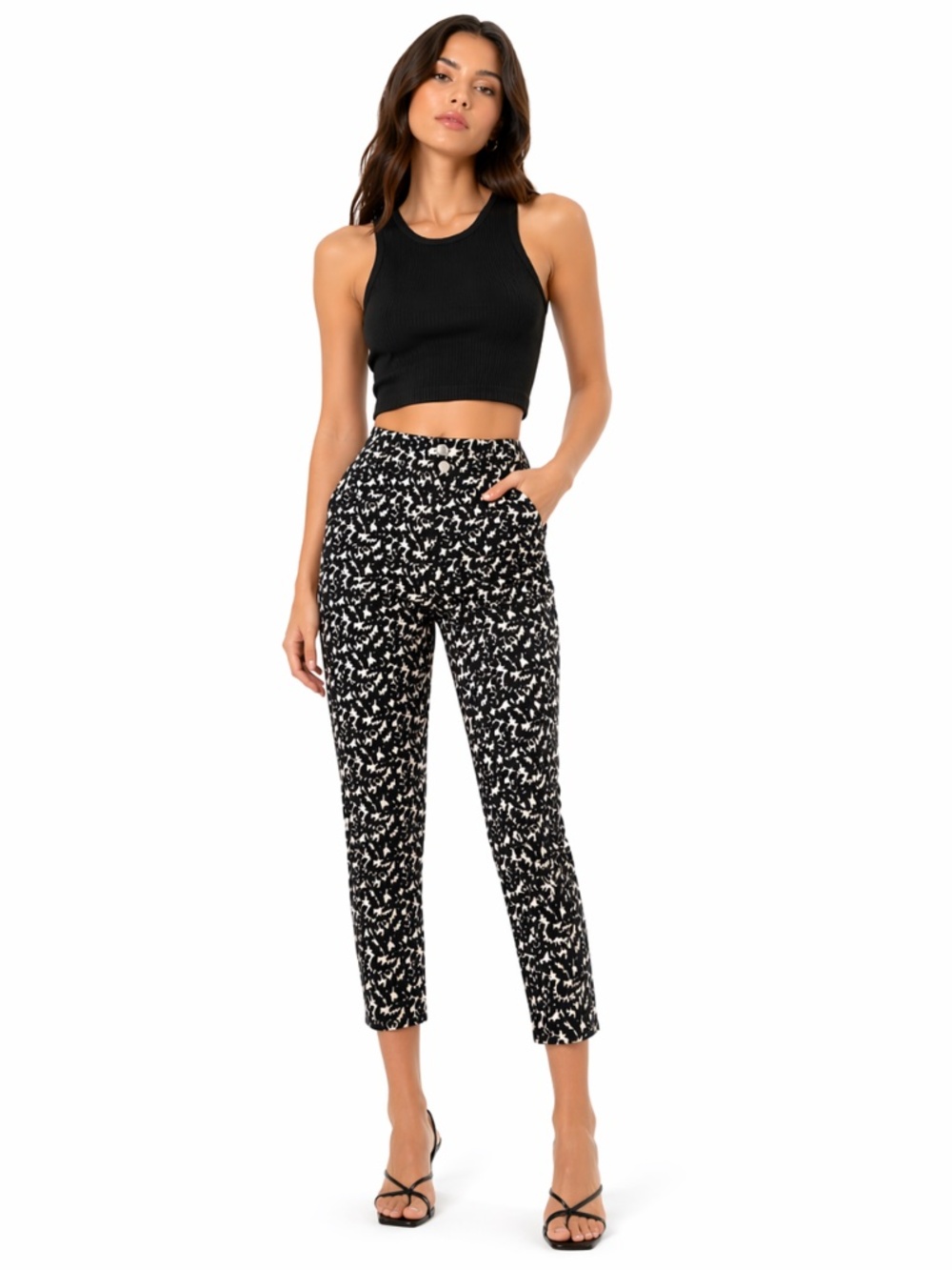 DKNY Black & Cream Leaf Patterned Skinny Ankle Jeans - Size 8 Like New